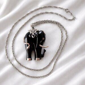 Black Elephant Pendant Necklace Silver Tone Chain Lucky Elephant Statement 34"